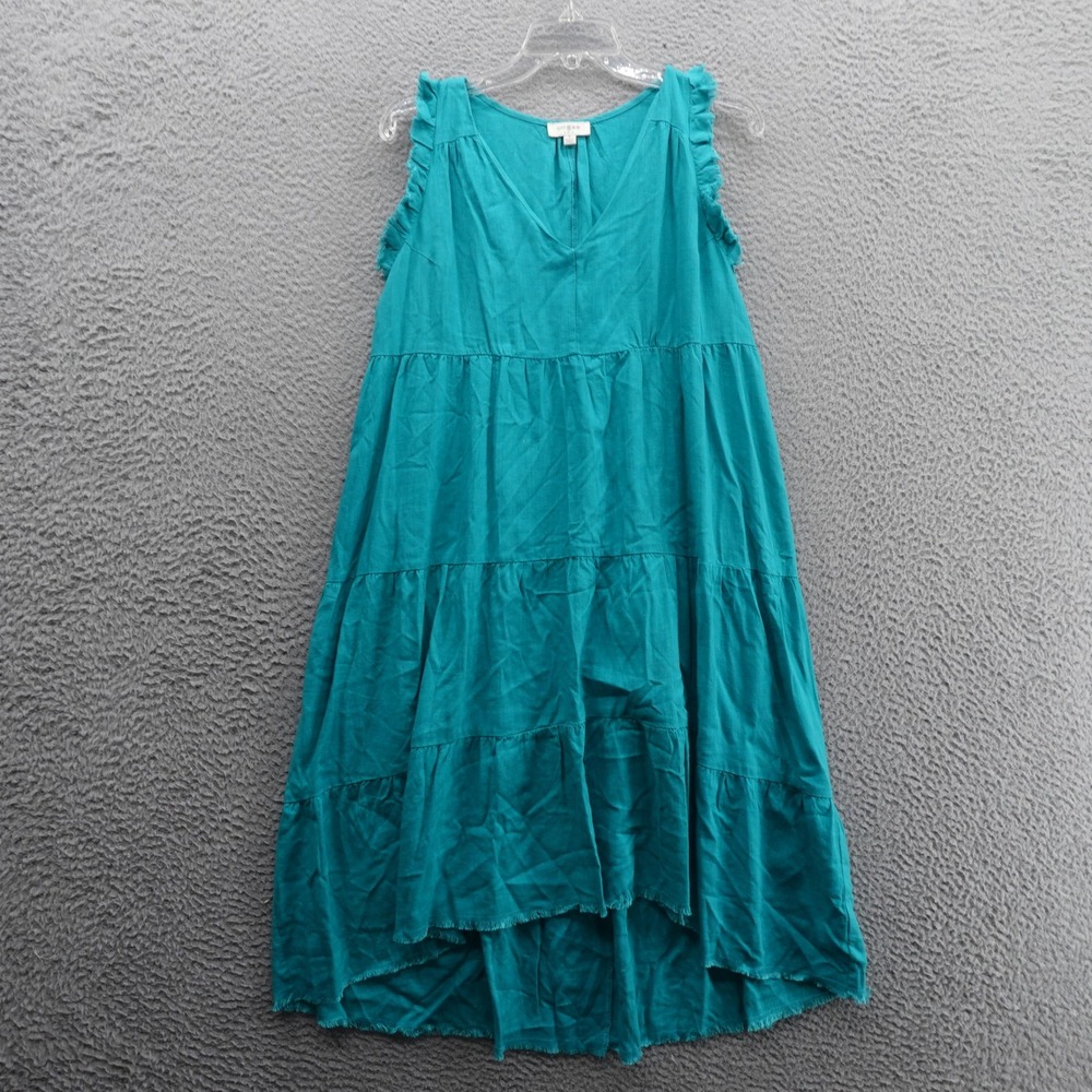 Umgee USA Tiered Midi Dress Small Teal Linen Blend Sleeveless Ruffle Trim
